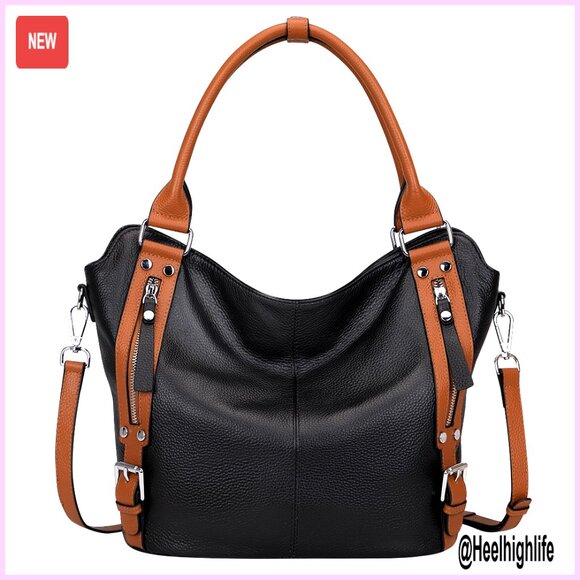 Genuine Leather Hobo Tote Shoulder Bag Large Capacity Multiple Pockets